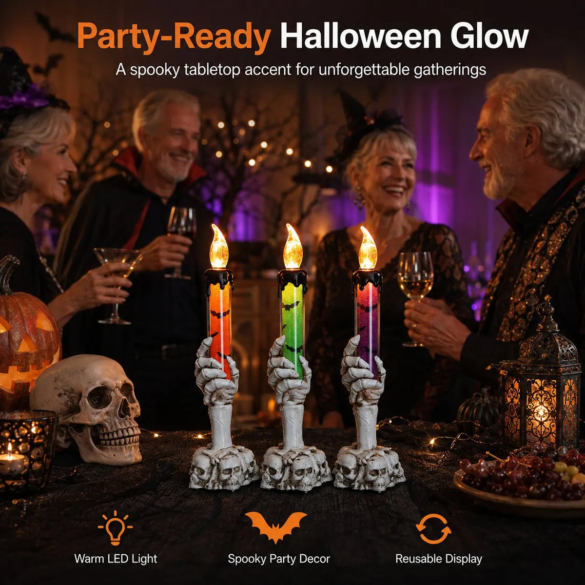 🎃 Siste dag med 50 % rabatt – LED-lysett med glitter i form av et skjelett, hodeskalle og hånd til Halloween