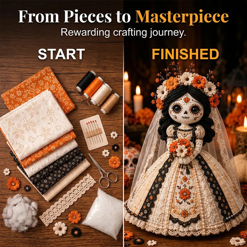 🔥LAST DAY 49% OFF - 🎃Day of the Dead Patchwork Doll DIY Sewing Kit - Handmade Fabric Doll Craft Kit with Floral Details