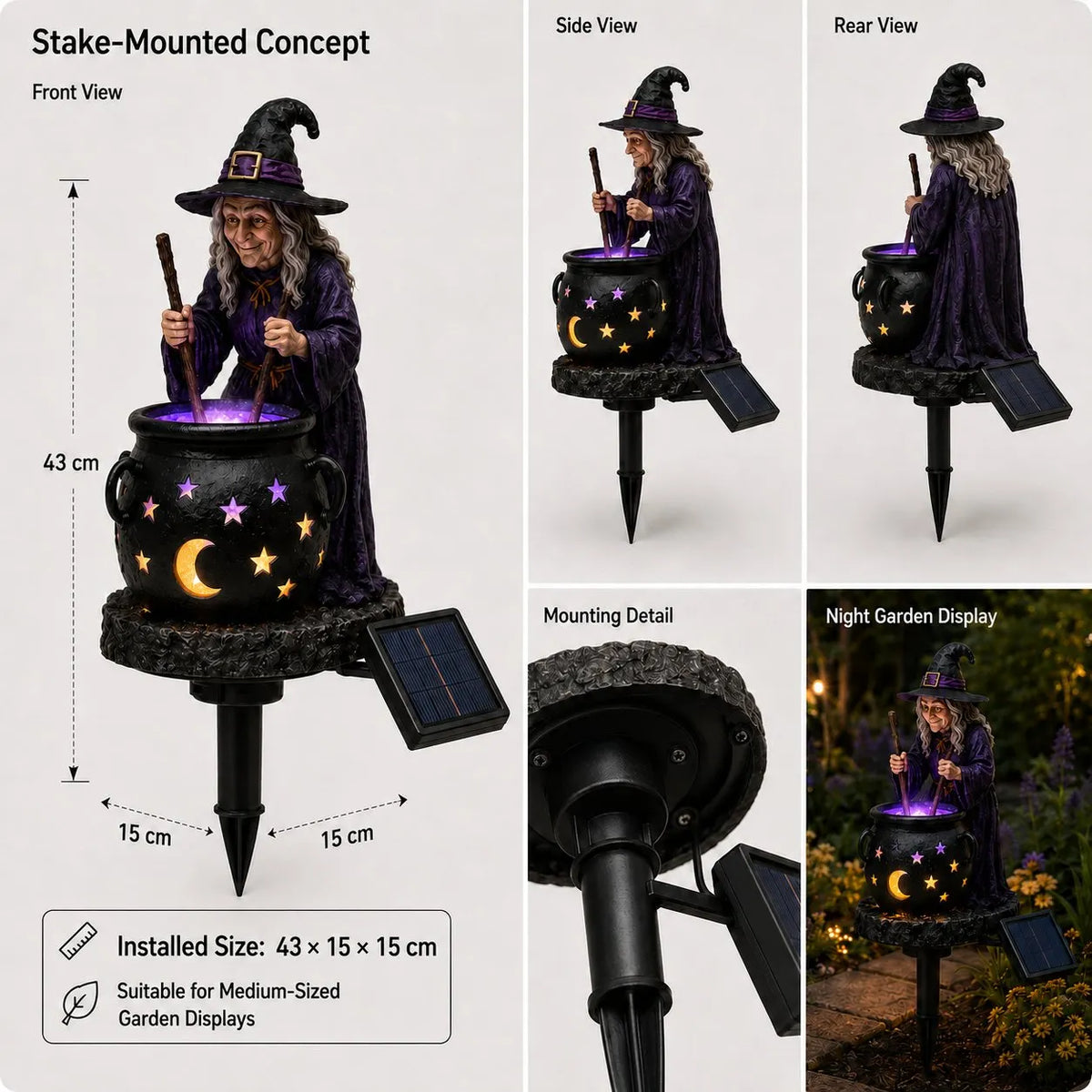 ☀️🔮Solar Witch & Glowing Cauldron Halloween Garden Light