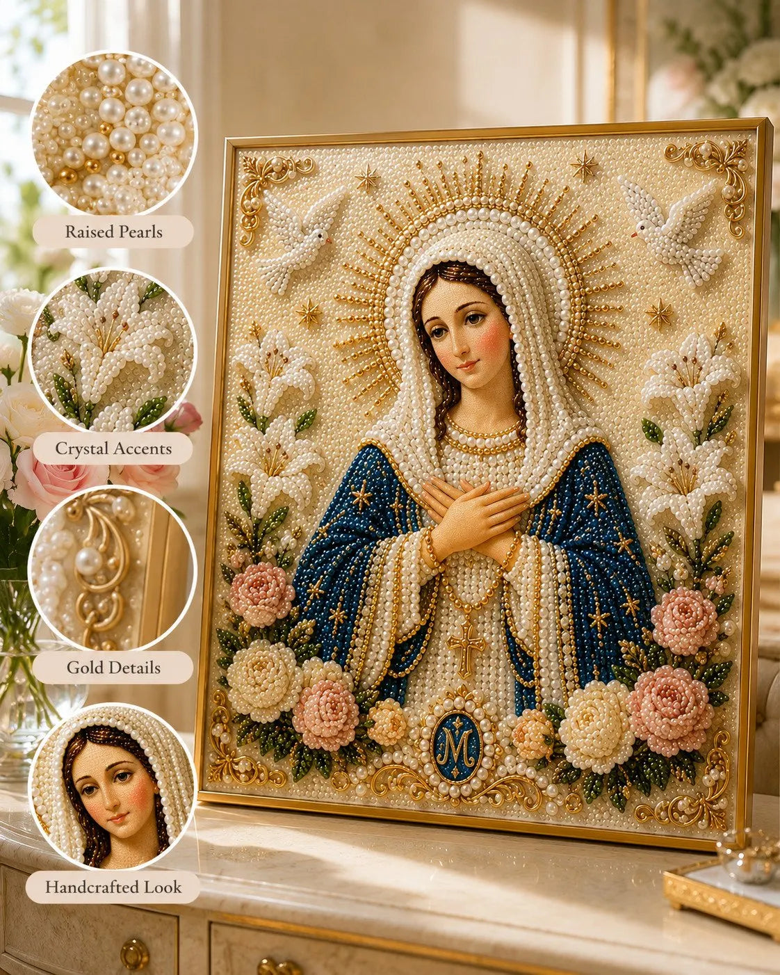🙏 Divine Pearl Bead Virgin Mary Icon – A Peaceful DIY Faith Art Gift ✨