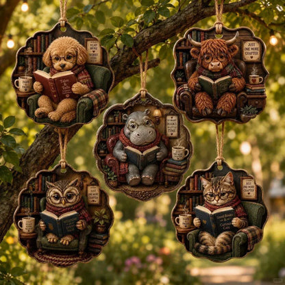 Cozy Reading Animal Hanging Ornament – Whimsical Woodland Book Lover Decoration