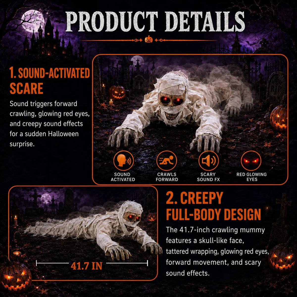 🔥 [49% Off Halloween Early Bird Special]-Sound-Activated Animated Crawling Mummy with Glowing Red Eyes