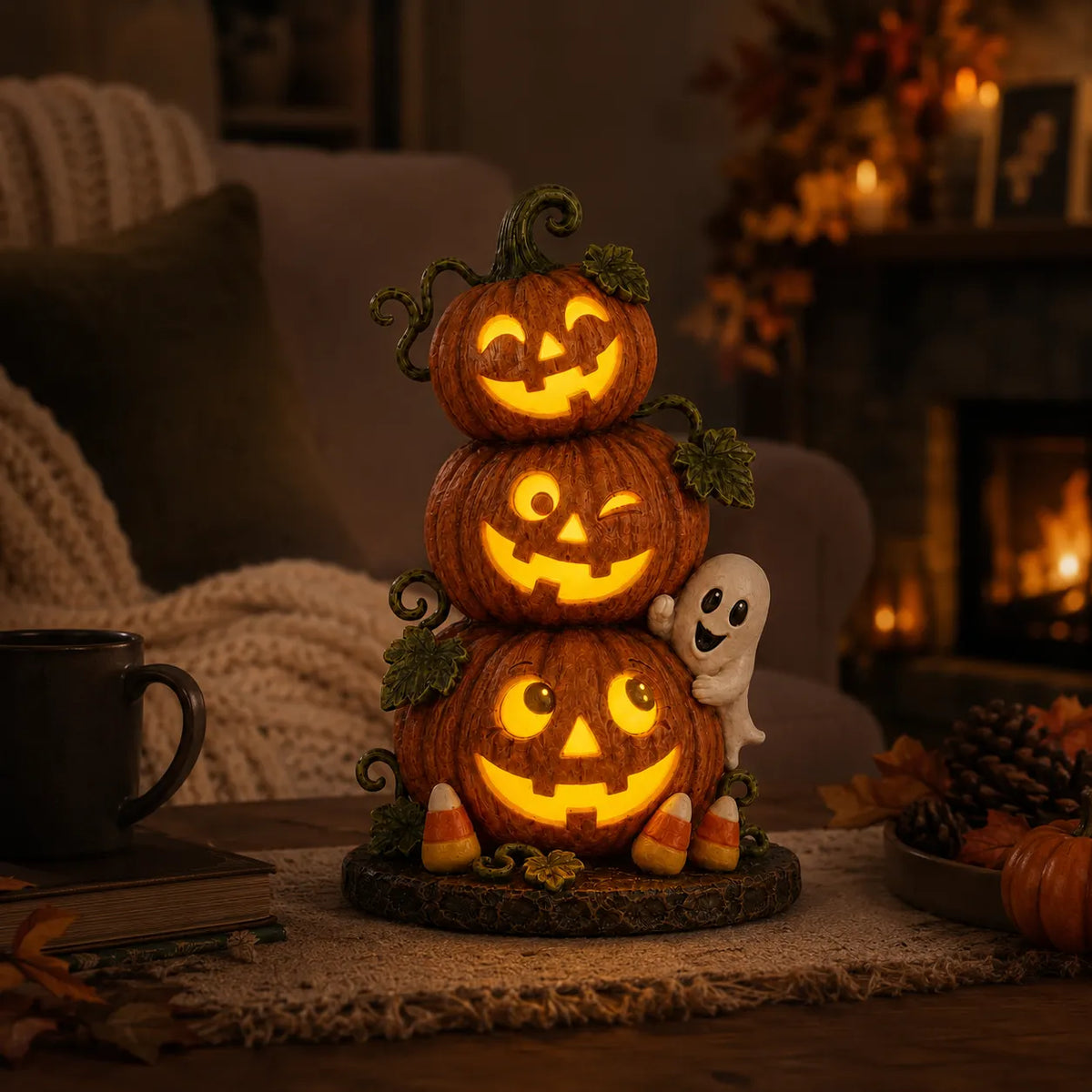 Lighted Peek-a-Boo Pumpkin Stack Resin Decor
