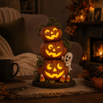 Lighted Peek-a-Boo Pumpkin Stack Resin Decor