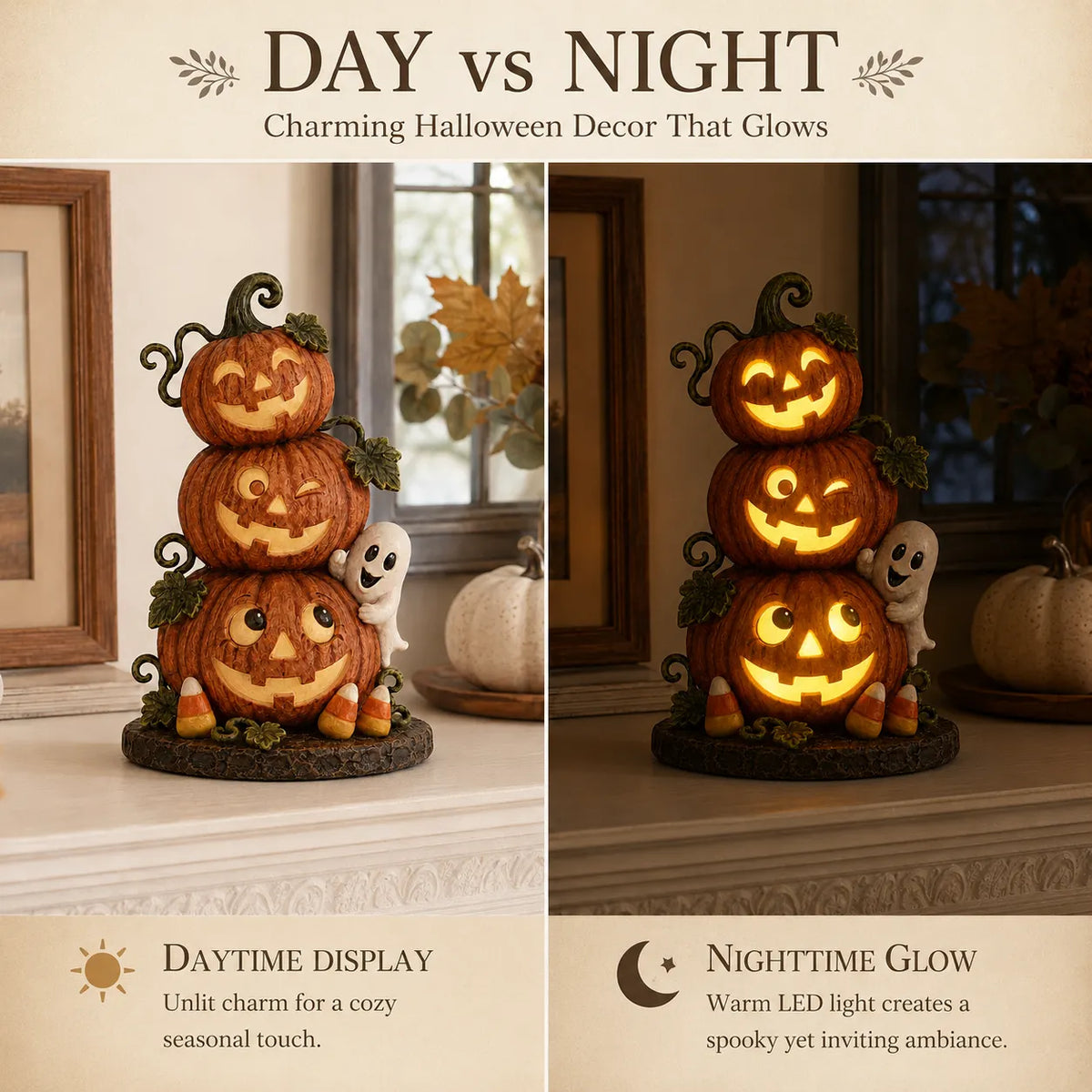Lighted Peek-a-Boo Pumpkin Stack Resin Decor