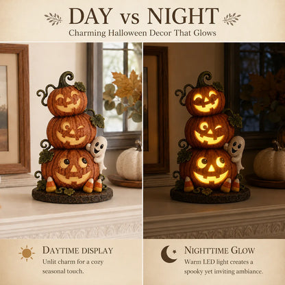 Lighted Peek-a-Boo Pumpkin Stack Resin Decor