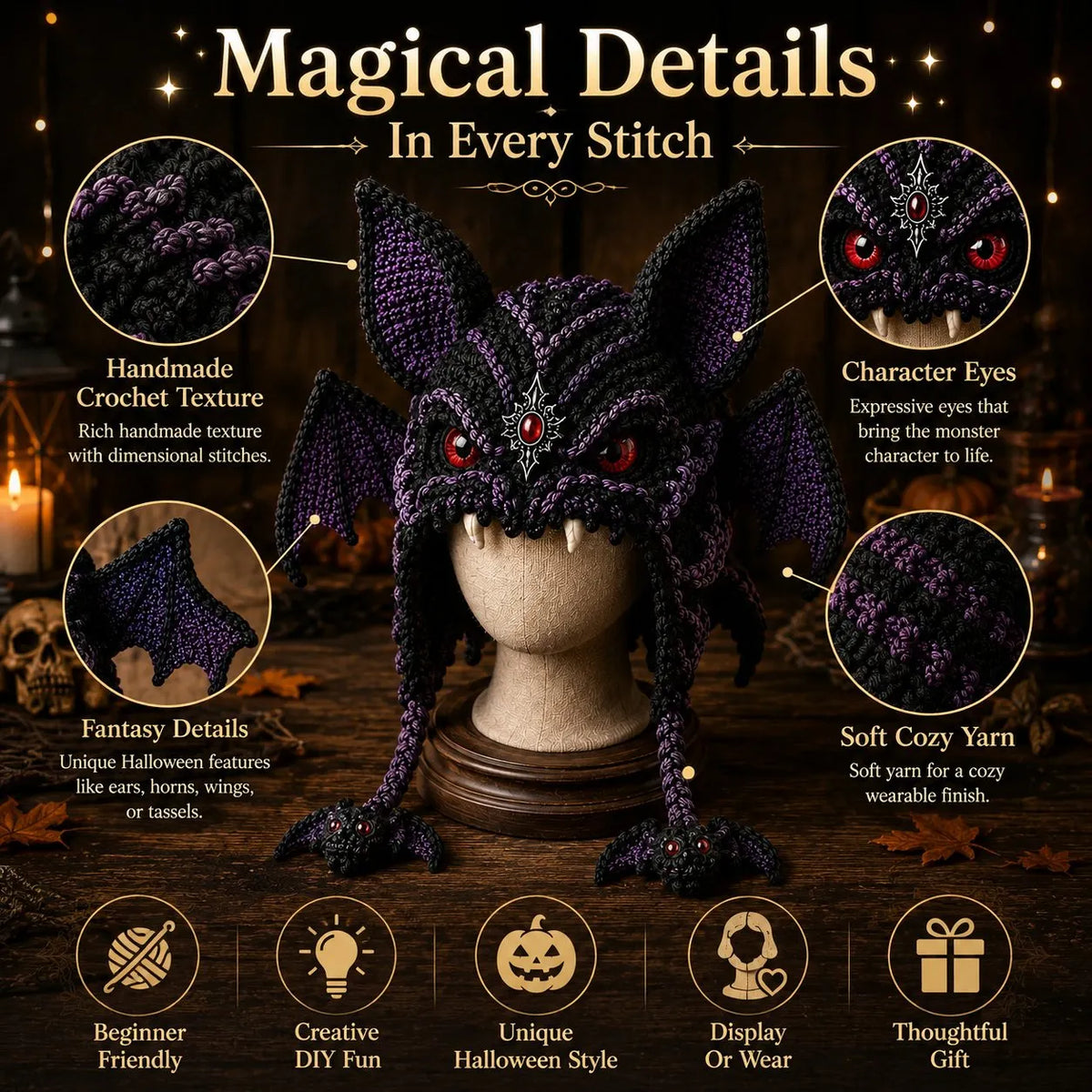 🔥LAST DAY 50% OFF - 🎃 Halloween Monster Hood DIY Crochet Kit | Premium Soft Yarn Materials with Step-by-Step Guide DIY Handmade Wearable Character Hood 🧶🎭✨