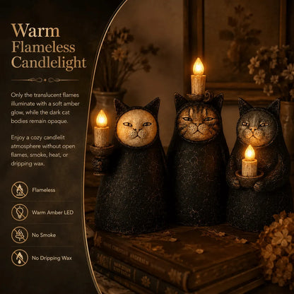 Set of 3  Mysterious Hooded Cat Candlelight Figurine