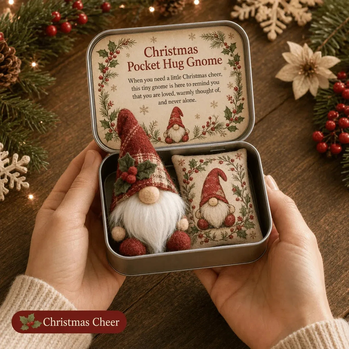 💌 Pocket Hug Gnome Comfort Gift Tin | Mini Plush Keepsake with Heartfelt Message, Matching Cushion & Protective Metal Case 🧸✨