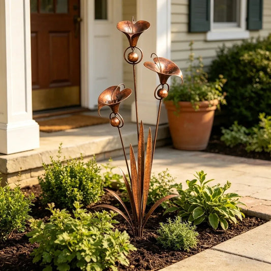 🏡Flamed Copper Three Calla Lilies Garden Stake with Bells