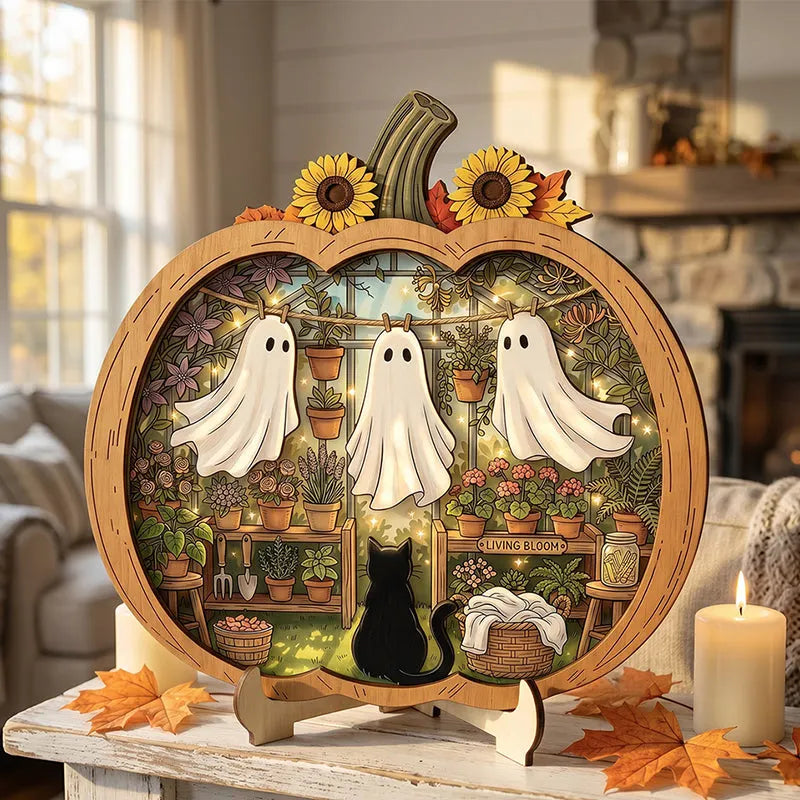 👻 Enchanting Halloween Ghost Pumpkin Decor | Cozy Wooden Tabletop Ornament with Charming Scenes