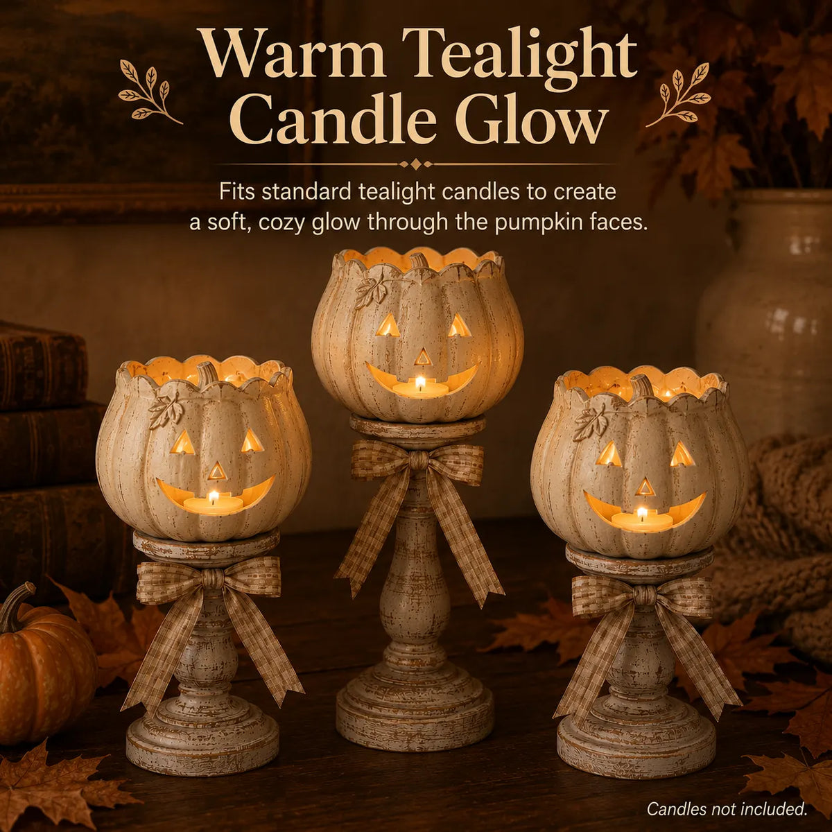 Harvest Glow White Pumpkin Pedestal Tealight Holders – Set of 3