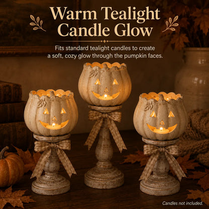 Harvest Glow White Pumpkin Pedestal Tealight Holders – Set of 3