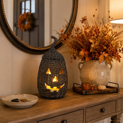 Rustic Wicker Pumpkin Candle Holder - Handwoven Jack-O’-Lantern Halloween Porch Decor