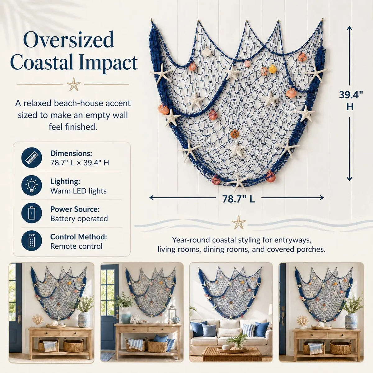 🌊✨ Coastal Fishing Net Wall Hanging with Fairy Lights