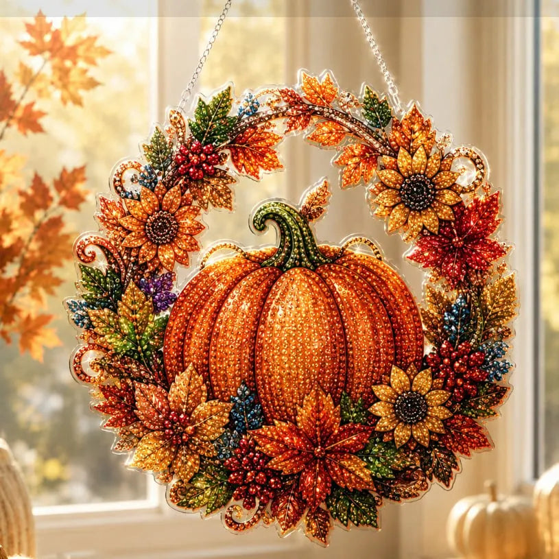 🍂 Fall Pumpkin Diamond Painting Wreath Hanging Ornament Complete DIY Kit