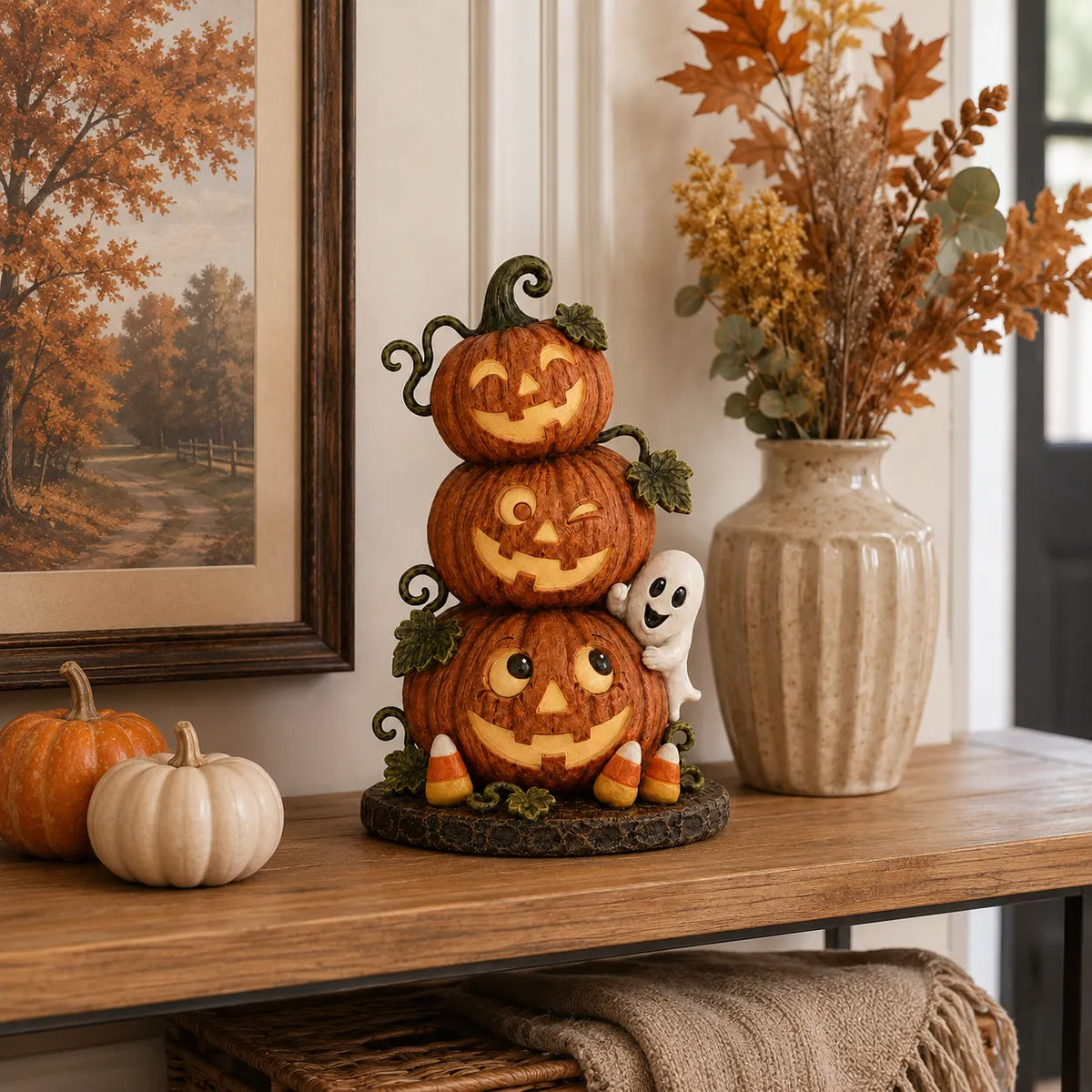 Lighted Peek-a-Boo Pumpkin Stack Resin Decor