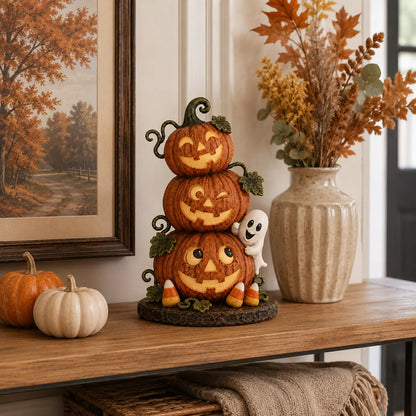 Lighted Peek-a-Boo Pumpkin Stack Resin Decor