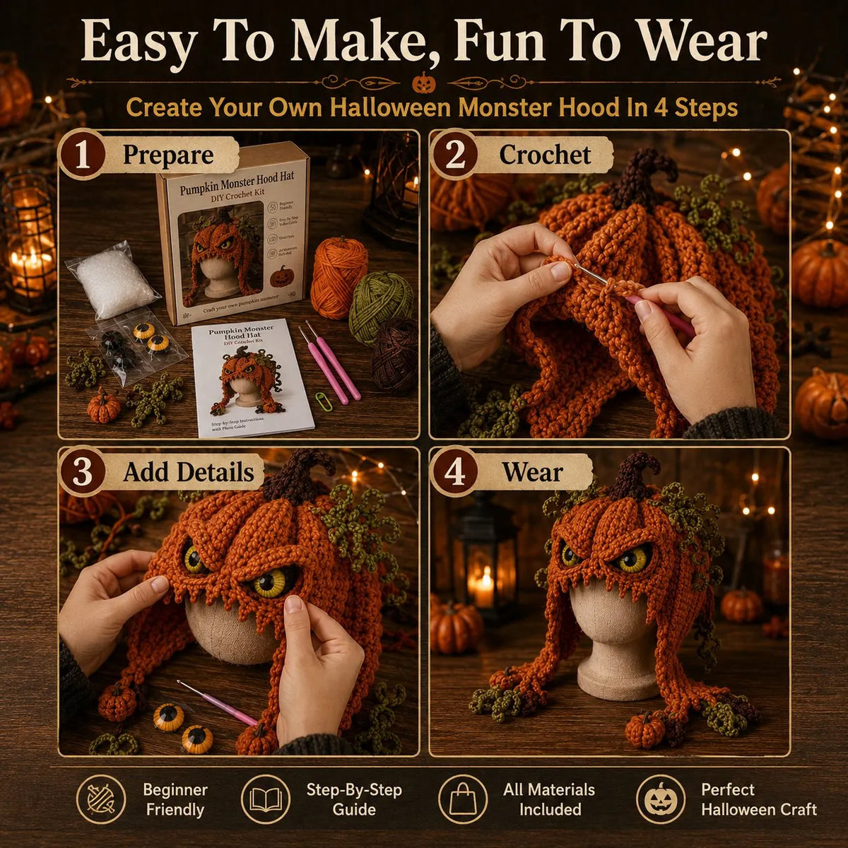 🔥LAST DAY 50% OFF - 🎃 Halloween Monster Hood DIY Crochet Kit | Premium Soft Yarn Materials with Step-by-Step Guide DIY Handmade Wearable Character Hood 🧶🎭✨