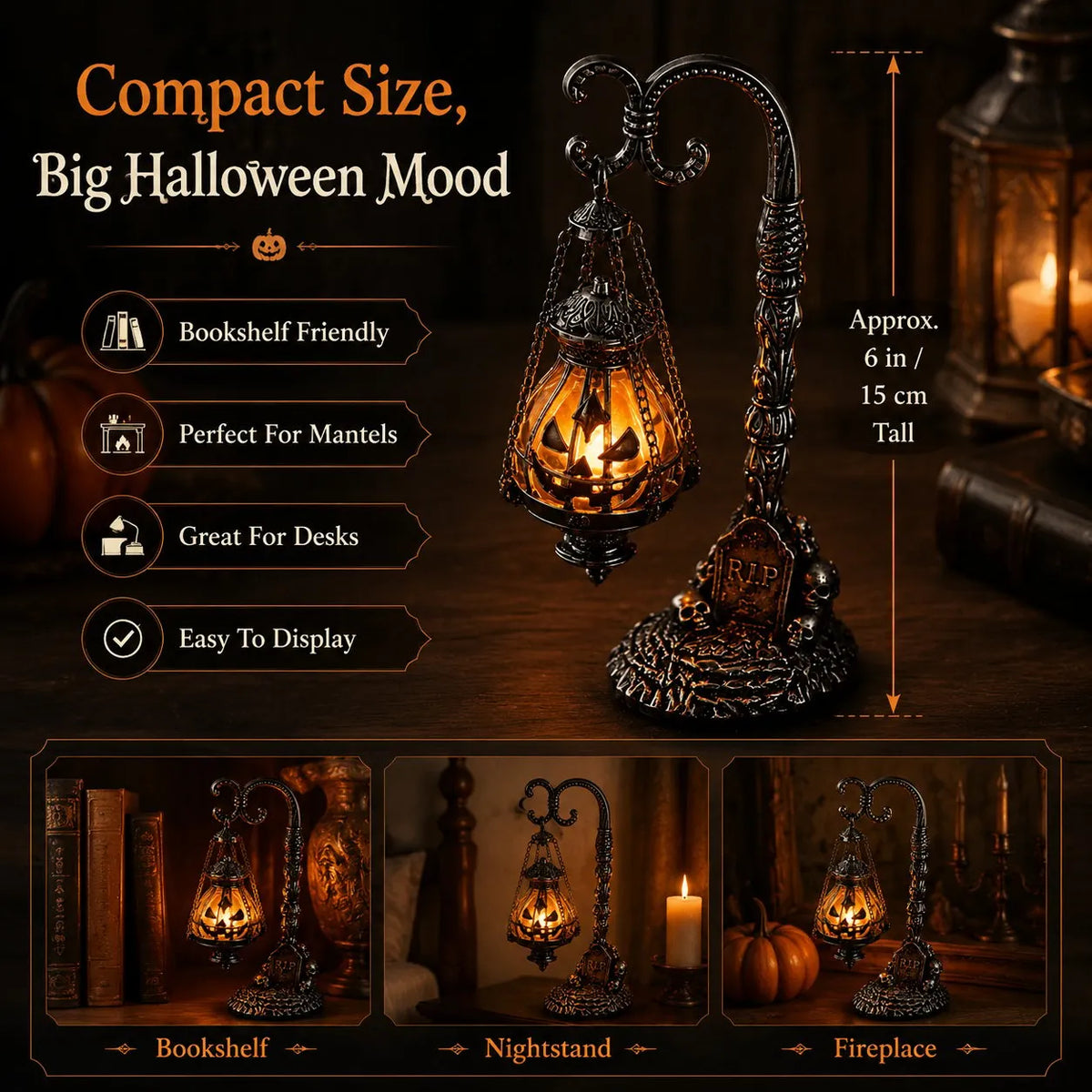 🎃 Gothic Pumpkin Lantern Stand | Warm Orange LED Glow, Victorian Skull Details & Haunted Shelf Decor 🕯️