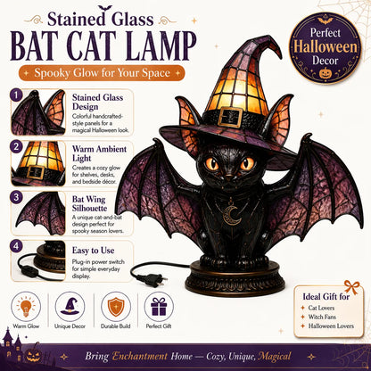 🔥Exclusive Limited Item 👍🔥50%OFF🐈 Gothic Stained Glass Witch Black Cat Table Lamp | Halloween Witch Hat Night Light Decor