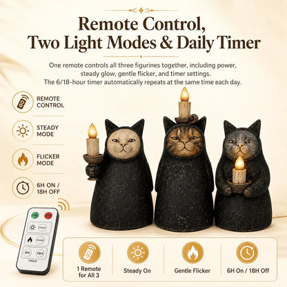 Set of 3  Mysterious Hooded Cat Candlelight Figurine