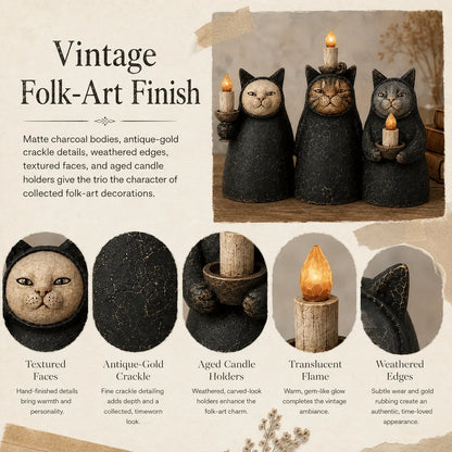 Set of 3  Mysterious Hooded Cat Candlelight Figurine