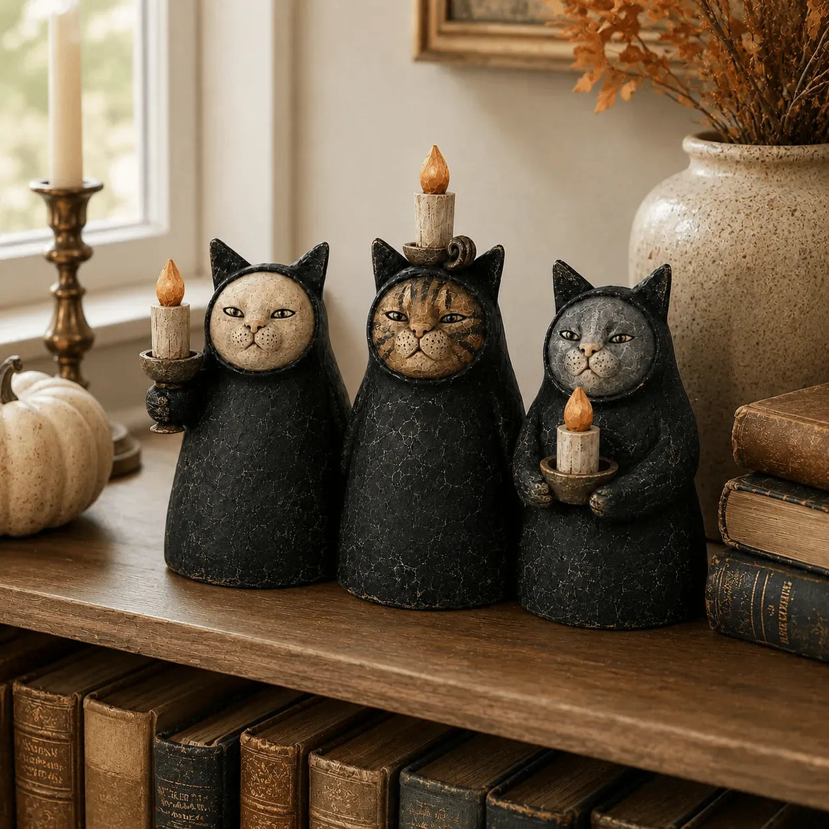 Set of 3  Mysterious Hooded Cat Candlelight Figurine