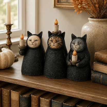 Set of 3  Mysterious Hooded Cat Candlelight Figurine