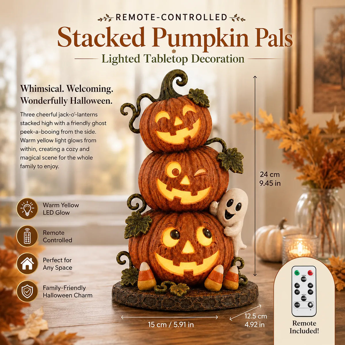 Lighted Peek-a-Boo Pumpkin Stack Resin Decor