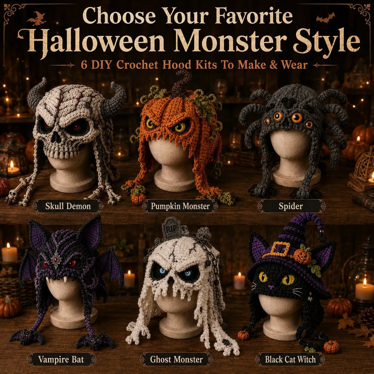 🔥LAST DAY 50% OFF - 🎃 Halloween Monster Hood DIY Crochet Kit | Premium Soft Yarn Materials with Step-by-Step Guide DIY Handmade Wearable Character Hood 🧶🎭✨
