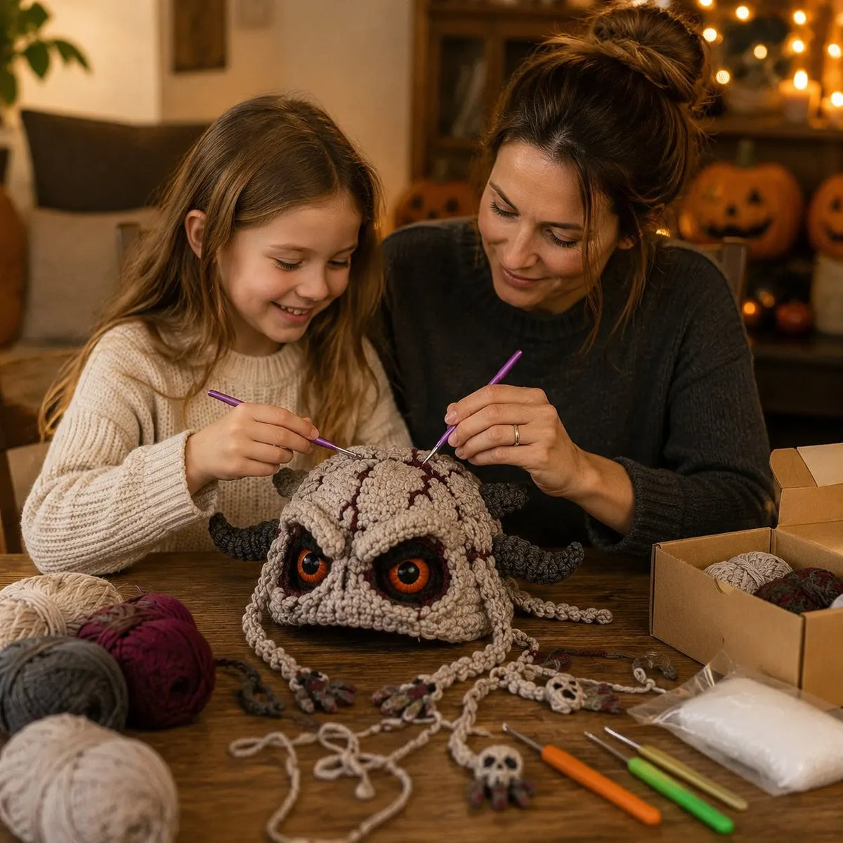 🔥LAST DAY 50% OFF - 🎃 Halloween Monster Hood DIY Crochet Kit | Premium Soft Yarn Materials with Step-by-Step Guide DIY Handmade Wearable Character Hood 🧶🎭✨