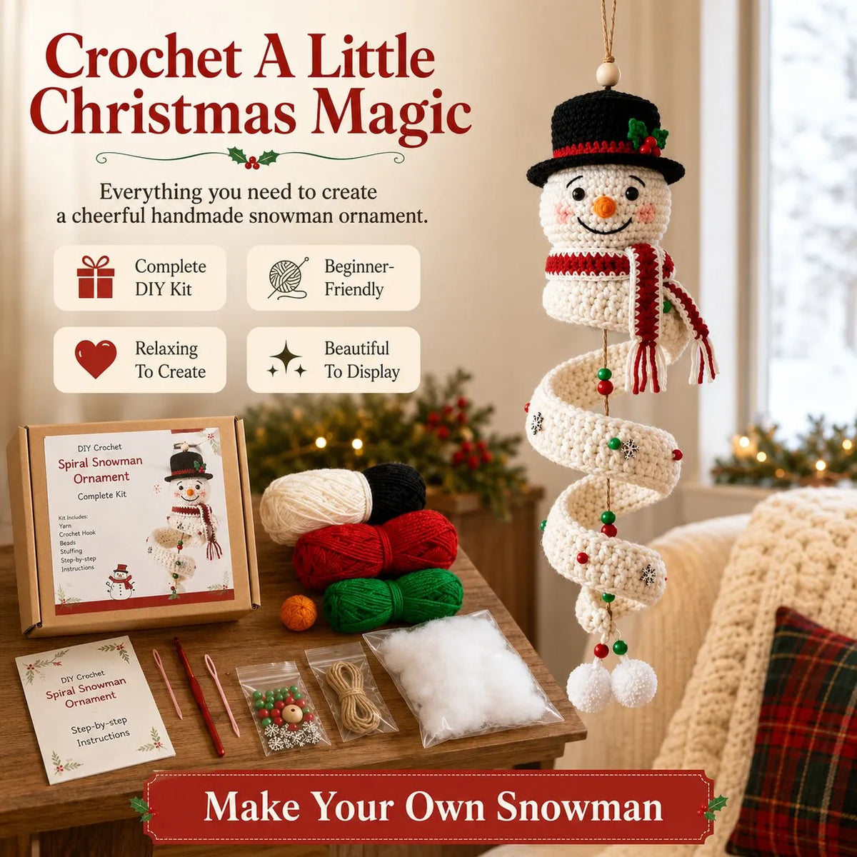 🔥 LAST DAY 49% OFF – ☃️ Crochet Snowman Spiral Ornament DIY Kit | Complete Beginner-Friendly Set with Soft Yarn, Crochet Hook, Festive Beads, Snowflakes & Step-by-Step Guide 🧶🎄✨