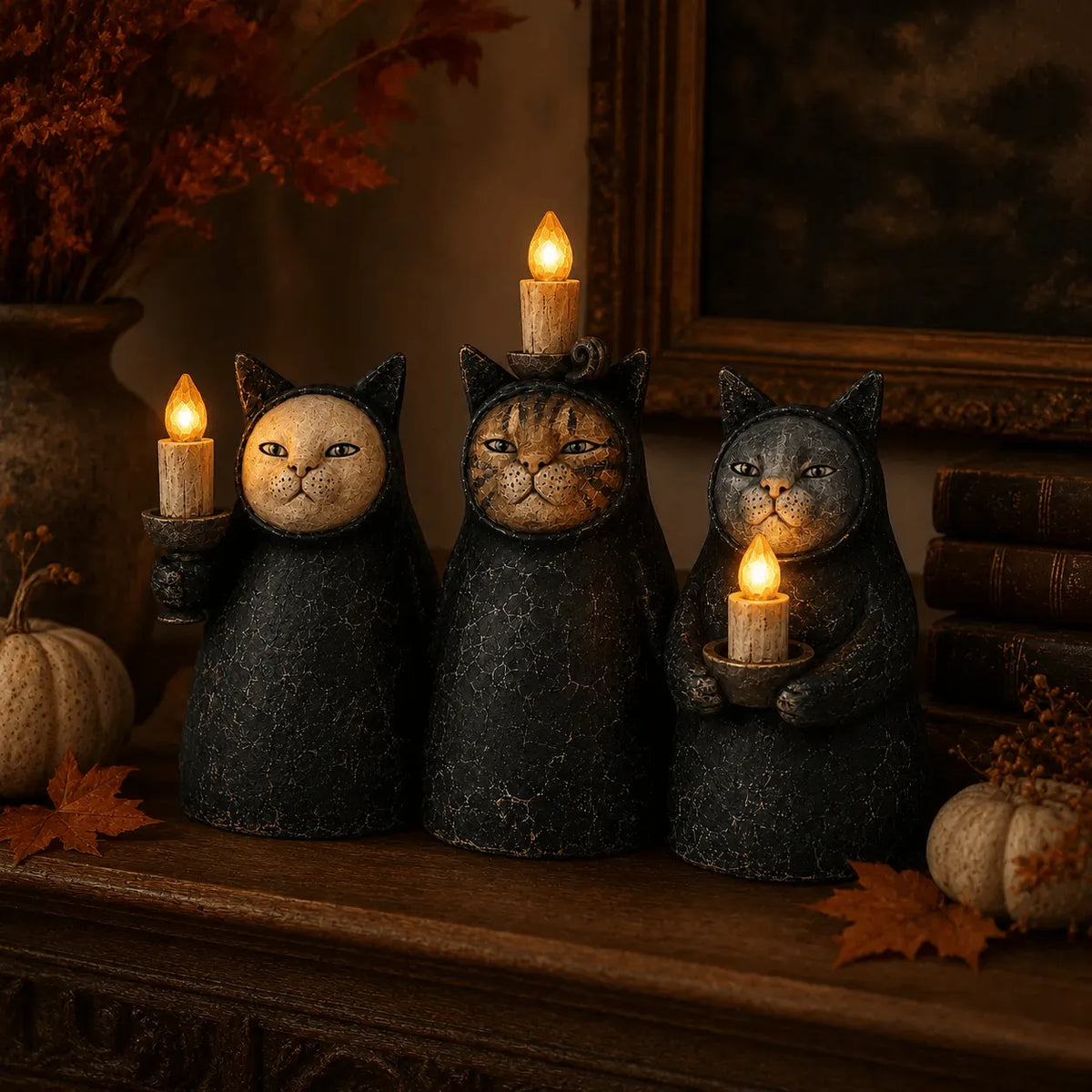 Set of 3  Mysterious Hooded Cat Candlelight Figurine