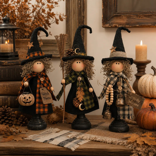 Vintage Primitive Witch Trio – Rustic Halloween Tabletop Decor