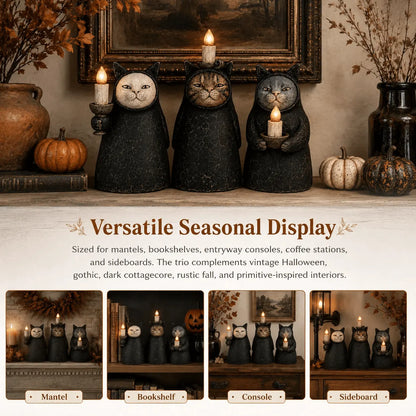 Set of 3  Mysterious Hooded Cat Candlelight Figurine