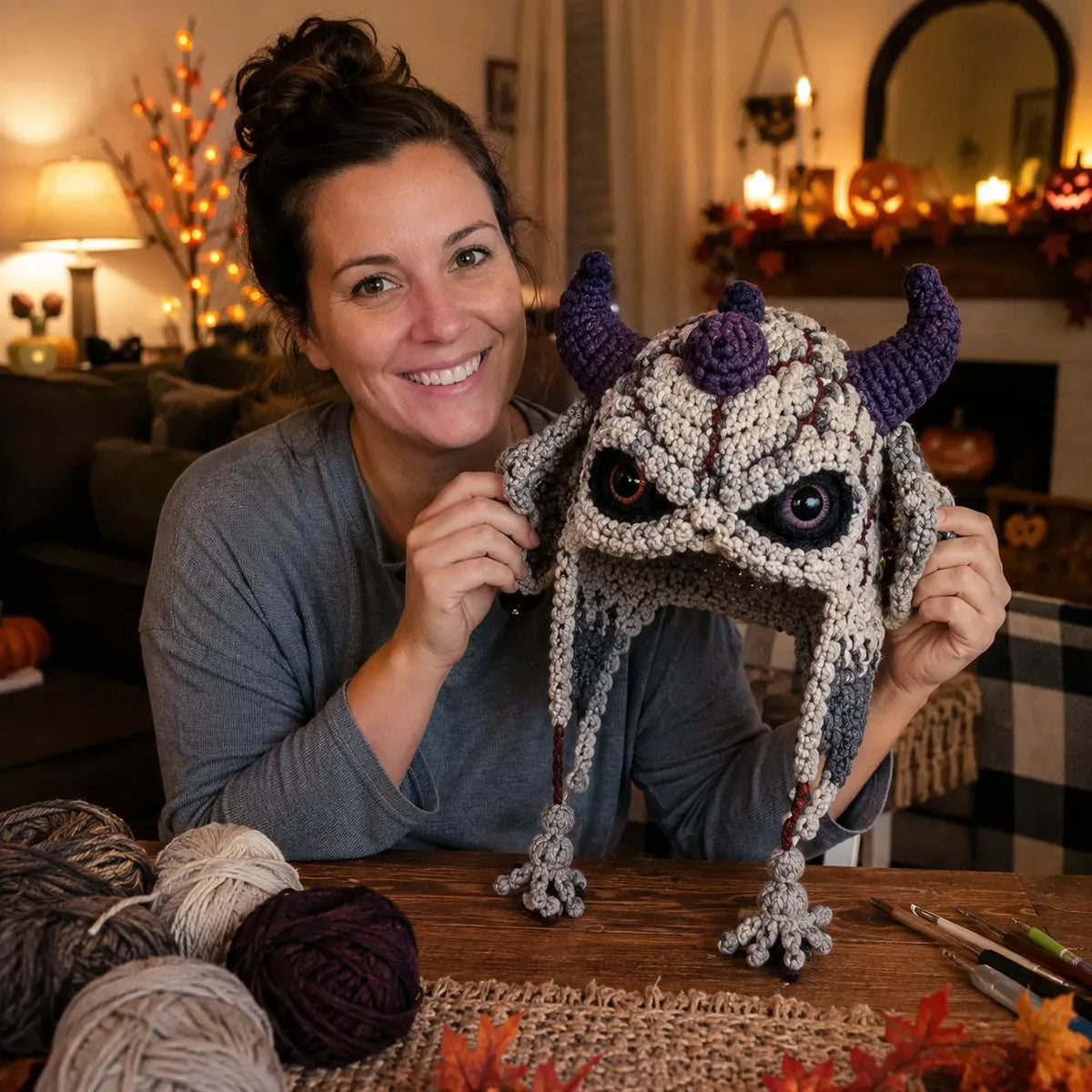 🔥LAST DAY 50% OFF - 🎃 Halloween Monster Hood DIY Crochet Kit | Premium Soft Yarn Materials with Step-by-Step Guide DIY Handmade Wearable Character Hood 🧶🎭✨