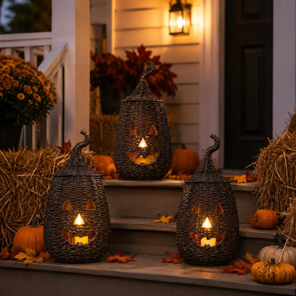 Rustic Wicker Pumpkin Candle Holder - Handwoven Jack-O’-Lantern Halloween Porch Decor