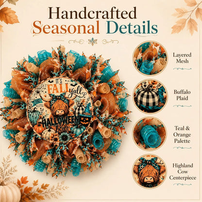 🐮🍂 Highland Cow Fall Halloween Wreath – Cozy Autumn Front Door Decor with Teal & Orange Buffalo Plaid Design for Thanksgiving, Harvest & Spooky Season 🚪🎁