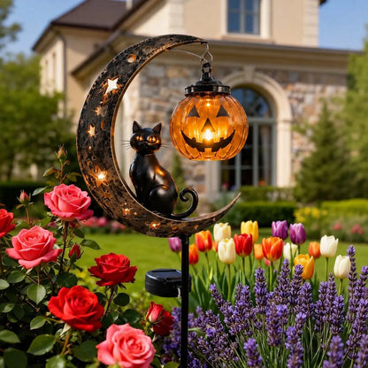Solar Halloween Black Cat & Pumpkin Moon Garden Stake Light