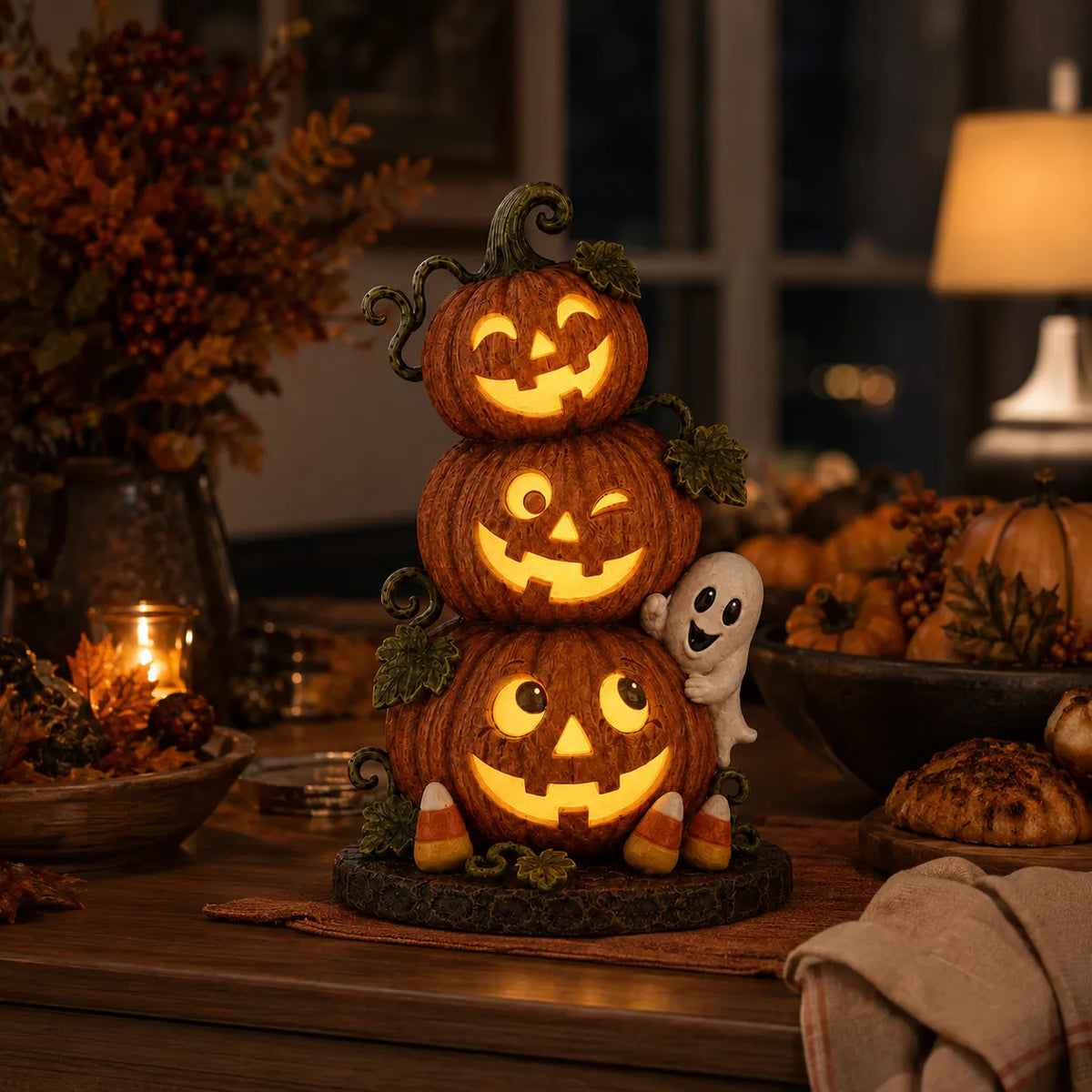 Lighted Peek-a-Boo Pumpkin Stack Resin Decor