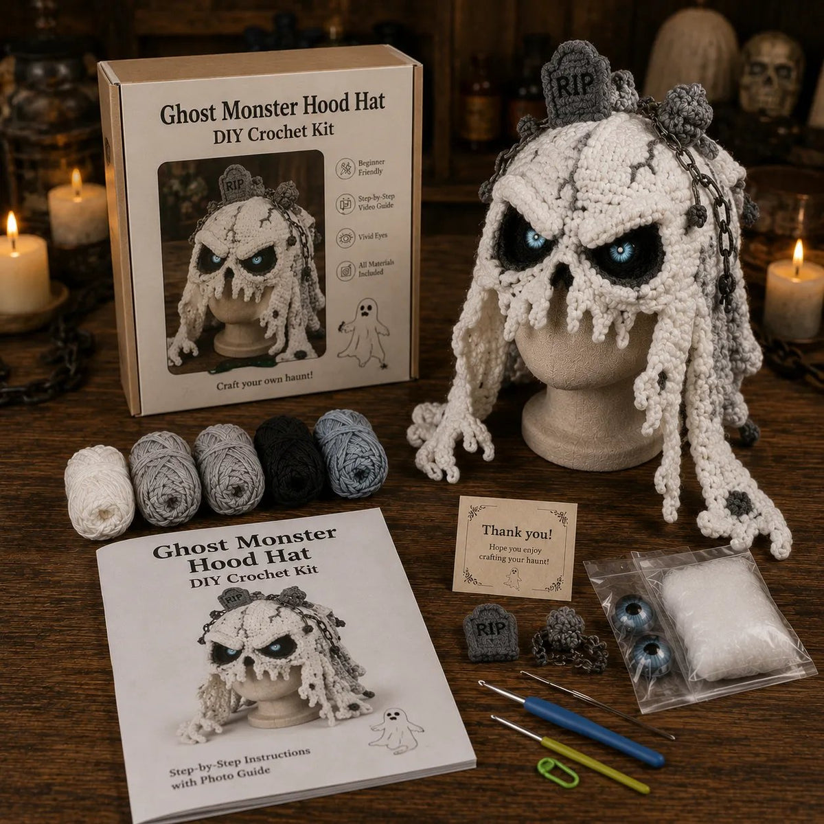 🔥LAST DAY 50% OFF - 🎃 Halloween Monster Hood DIY Crochet Kit | Premium Soft Yarn Materials with Step-by-Step Guide DIY Handmade Wearable Character Hood 🧶🎭✨