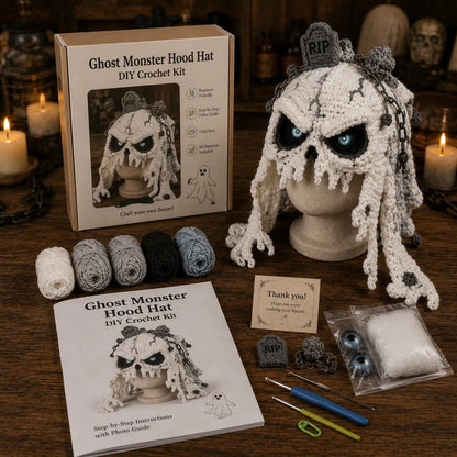 🔥LAST DAY 50% OFF - 🎃 Halloween Monster Hood DIY Crochet Kit | Premium Soft Yarn Materials with Step-by-Step Guide DIY Handmade Wearable Character Hood 🧶🎭✨