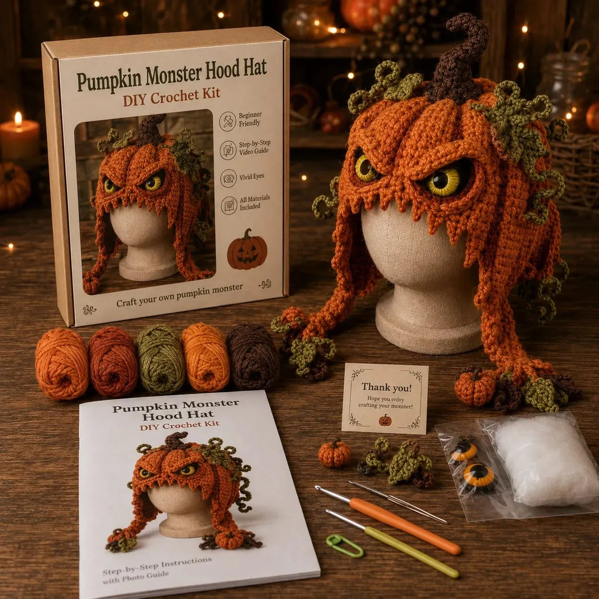 🔥LAST DAY 50% OFF - 🎃 Halloween Monster Hood DIY Crochet Kit | Premium Soft Yarn Materials with Step-by-Step Guide DIY Handmade Wearable Character Hood 🧶🎭✨