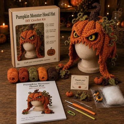🔥LAST DAY 50% OFF - 🎃 Halloween Monster Hood DIY Crochet Kit | Premium Soft Yarn Materials with Step-by-Step Guide DIY Handmade Wearable Character Hood 🧶🎭✨