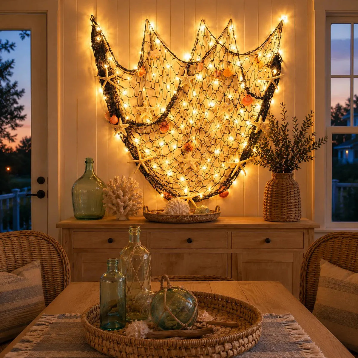 🌊✨ Coastal Fishing Net Wall Hanging with Fairy Lights