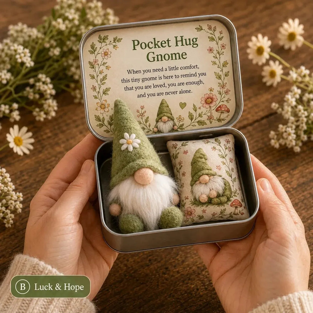 💌 Pocket Hug Gnome Comfort Gift Tin | Mini Plush Keepsake with Heartfelt Message, Matching Cushion & Protective Metal Case 🧸✨