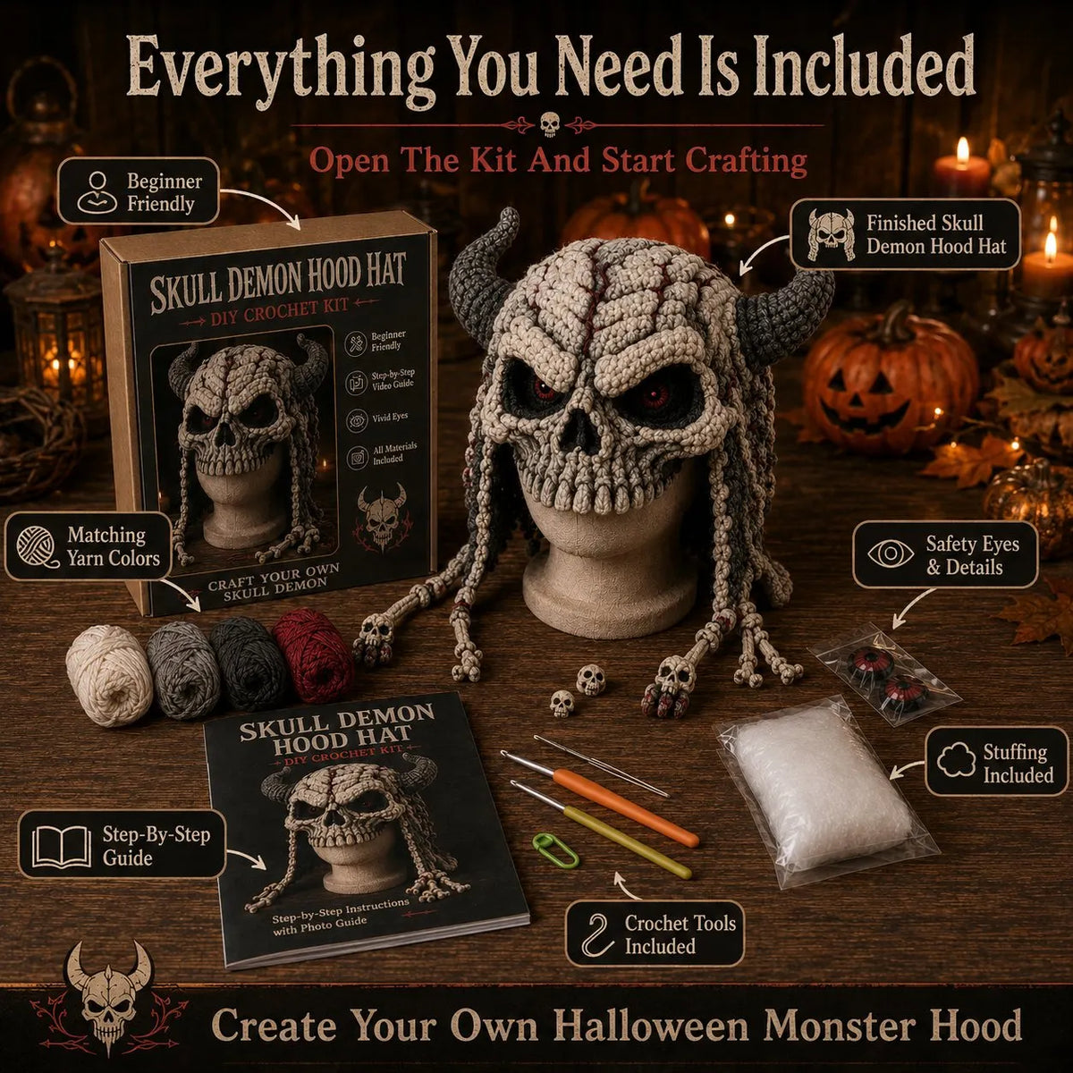 🔥LAST DAY 50% OFF - 🎃 Halloween Monster Hood DIY Crochet Kit | Premium Soft Yarn Materials with Step-by-Step Guide DIY Handmade Wearable Character Hood 🧶🎭✨
