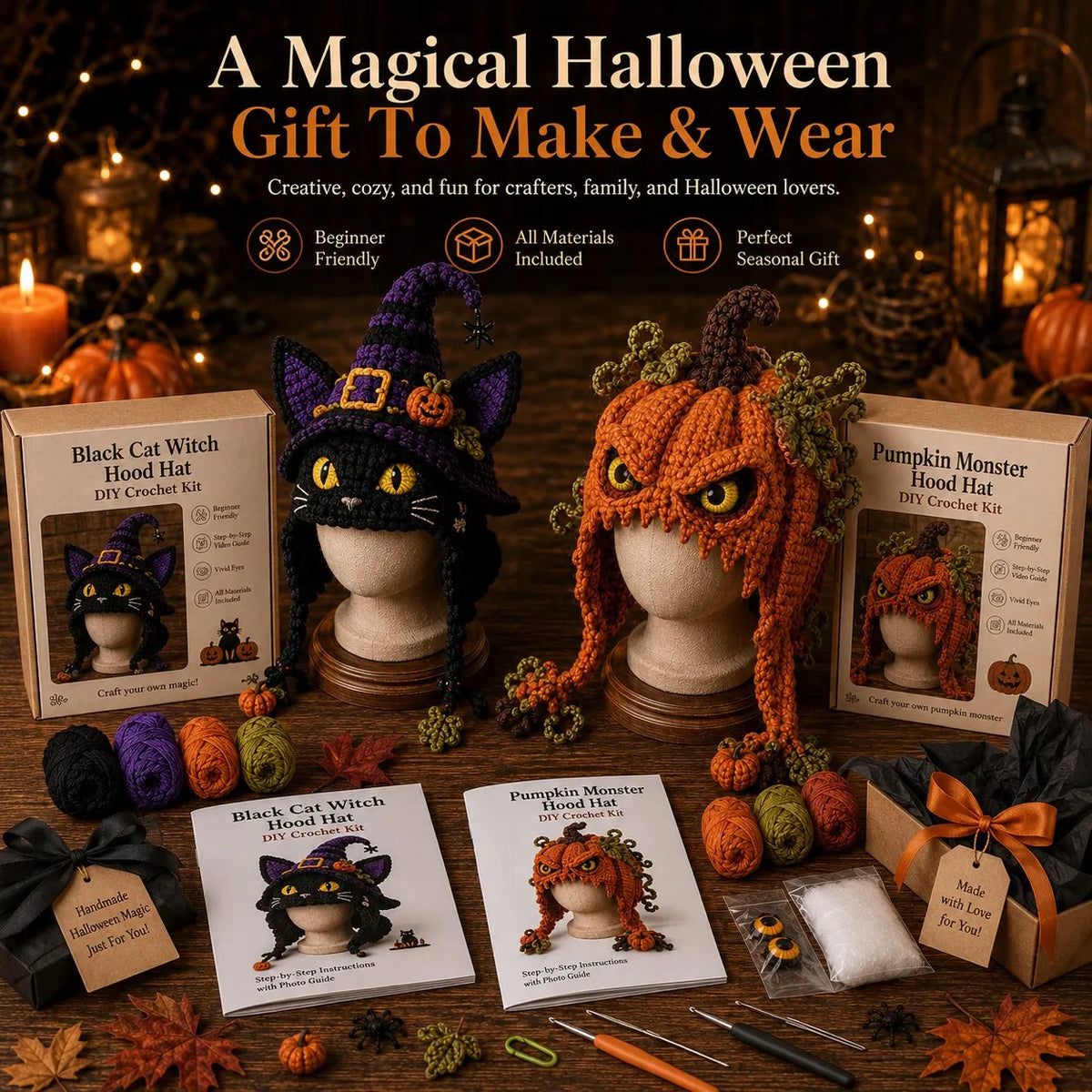 🔥LAST DAY 50% OFF - 🎃 Halloween Monster Hood DIY Crochet Kit | Premium Soft Yarn Materials with Step-by-Step Guide DIY Handmade Wearable Character Hood 🧶🎭✨