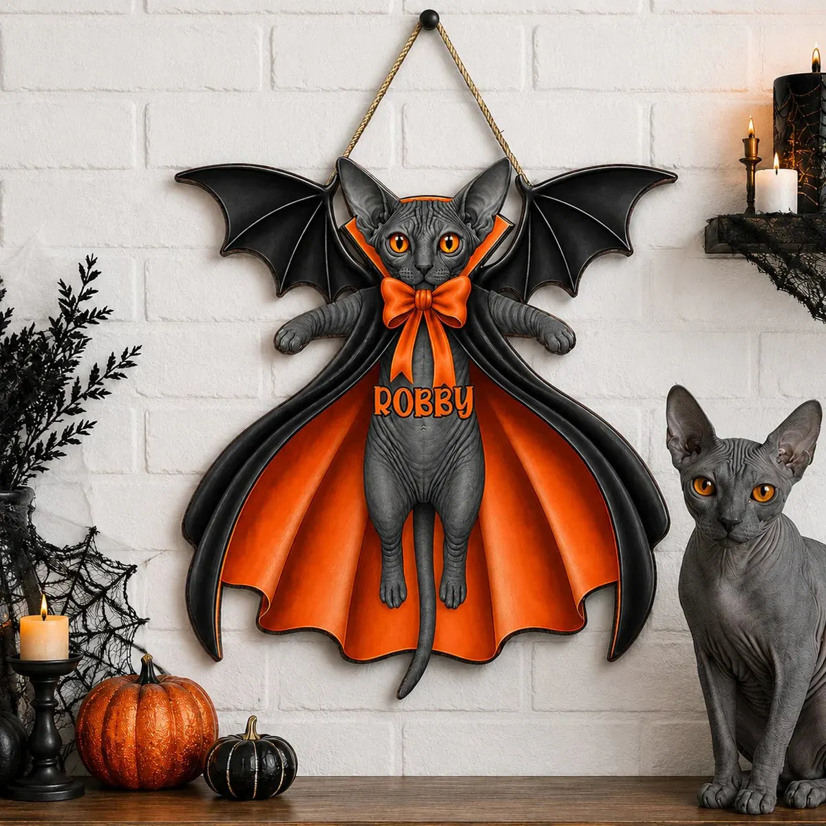 Halloween Cat Vampire - Personalized Wooden Door Sign - Gothic Decor for Cat Lovers